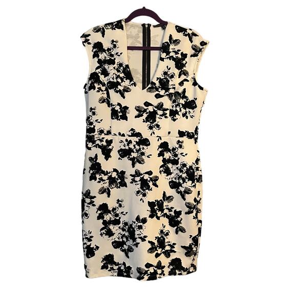 Fifth & Park Career Dress Sz 12 Black & White Velvet Flowers V-neck Sleeveless - Picture 1 of 11